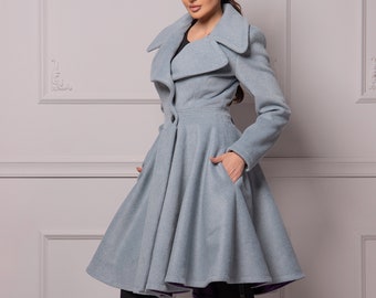 Clover Collar Lapel Princess Coat, 1960s Style Fit and Flare Dress Coat, Made To Measure Swing Wool Cashmere Jacket,Elegant Skirted Overcoat