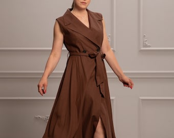 Maxi Linen Wrap Dress, Elegant Cocktail Linen Dress, Summer Work Outfit Dress, Linen Shirt Dress with Belt,Plus Size Linen Dress with Collar