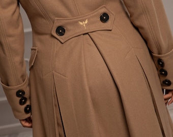 Beige wool Coat, Wool Maxi Princess Coat, Buttoned Winter Coat with Pockets, Elegant Wide Lapel Coat, Plus Size Clothing