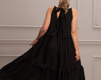 Black Maxi Tiered Dress, Sleeveless Summer Loose Dress, Maternity Long Boho Dress, Plus Size Clothing, Halter Flowy A Line Dress