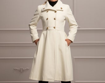 Wool Cashmere Princess Coat, Double Breasted Fit and Flare Coat, Wool White Coat, Elegant Midi Coat, Plus Size Winter Clothing