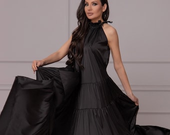 Flowy Wedding Guest Dress, Black Satin Cocktail Dress, Elegant Plus Size Evening Dress, Long Formal Flounce Dress, Loose Neck Tie Gown Dress