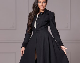 【Lo'r】Wide Collar Coat Dress Wool Princess Coat, Fit and Flare Overcoat, Asymmetric High