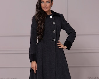 Black Wool & Velvet Gothic Dress Coat, Tailored Floor Length Steampunk Jacket, Custom Made Velvet Jacket, Ladies Winter Fit and Flare Coat