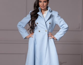 Pastel Blue Wool Coat, Winter Dress Coat, 1950s Style Princess Coat, Vintage Inspired Overcoat, Long Wool Cashmere Swing Jacket for Ladies