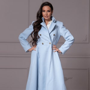 Blue Princess Wool Coat, Winter Coat Women, Trench Coat Women