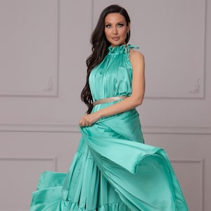 Satin Kaftan Dress, Reception Gown Dress, Green Goddess Dress, Cocktail Party Dress, Ladies Plus Size Occasion Dress, Formal Maxi Dress