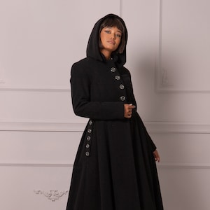 Gothic Winter Coat with Hood, Victorian Princess Coat, Long Fit and Flare Overcoat, Floor Length Wool Cashmere Hooded Coat,Edwardian Walking