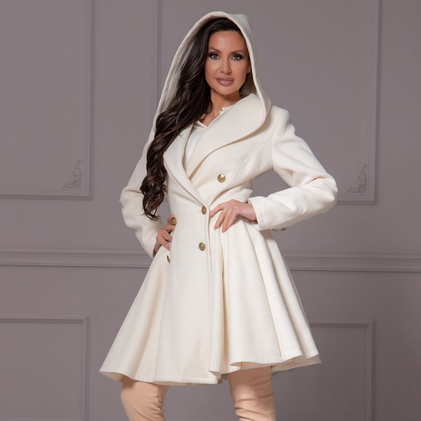 Modern 1950s Style Wool Princess Coat, Ivory White Pea Coat, Vintage Inspired Fit and Flare Coat, Hooded Winter Midi Coat,Pleated Skirt Coat