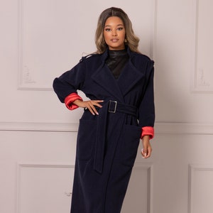 Dark Blue Contrasting Trench Coat, Navy Wool Cashmere Winter Overcoat, Plus Size High-End Jacket Coat, Belted Maxi Lagenlook Jacket Coat
