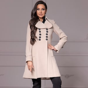 Elegant Beige Peacoat, Winter Swing Wool Overcoat, Petite Classy Jacket, Long Double-Breasted Princess Coat, Clothing Gift for Her