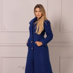 Navy Blue Boucle Long Wool Coat for Women, Princess Cut Custom-Made Jacket, Mid Length Winter Coat, Structured Tailored Lady Coat, Wife Gift