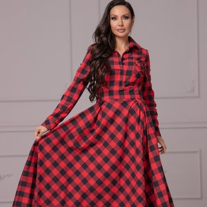 Maxi Red Plaid Shirt Dress with Long Sleeves, Elegant Tartan Flowy Dress, Elegant Checkered Dress by AtelierAstraea