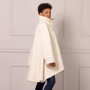 Winter Cape Coat with Sleeves, Elegant Bridal Capelet, Warm Cream Poncho Overcoat, Structured Wool Cape Jacket, Ivory Feminine Blazer Poncho
