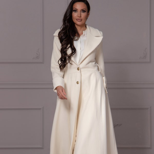 Manteau extravagant en laine et cachemire sur toute la longueur avec boutons, pardessus blanc ivoire ajusté et évasé, tenue de veste à col ouvert et à revers pour femme