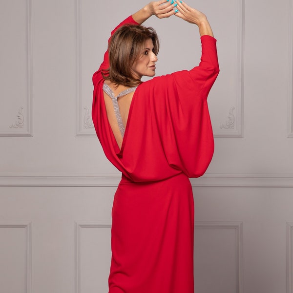 Bodenlanges Loose Fit Plus Size Kleid, Formelles Maxi Winterkleid, Rotes Fledermauskleid, Feminines Festkleid, Abendjuwelenkleid