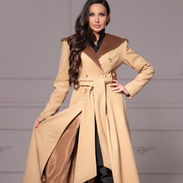 Warm Maxi Wool Coat with Deep Hood, Light Academia Clothing, Plus Size Wrap Around Jacket Coat with Belt, Color Block Princess Wool Jacket