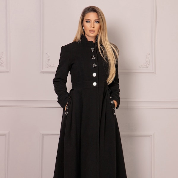 Vintage Style Princess Wool Cashmere Coat, Fit and Flare Floor Length Jacket, Black Coat Dress, Maxi Gothic Ladies Coat, Dramatic Overcoat