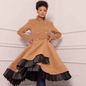 Wool Princess Line Skirted Coat, Plus Size Vintage Inspired Jacket, Double Breasted Fit and Flare Peacoat, Asymmetric Cashmere Camel Coat