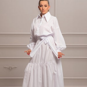 White Cotton Poplin Mandarin Collar Floor Length Tier Dress
