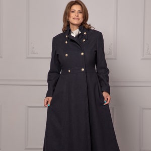 High Collar A-Line Military Style Coat, Maxi Custom Made Winter Wool Coat, Edwardian Walking Jacket, Princess Cut Dark Academia Dress Coat