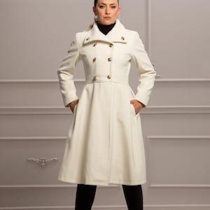 Wool Cashmere Princess Coat, Double Breasted Fit and Flare Coat, Wool White Coat, Elegant Midi Coat, Plus Size Winter Clothing