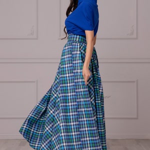 Long Blue Tartan Skirt with High Waist and Pockets, Maxi Checkered Cocktail Skirt for Summer, Handmade Skirt by AtelierAstraea