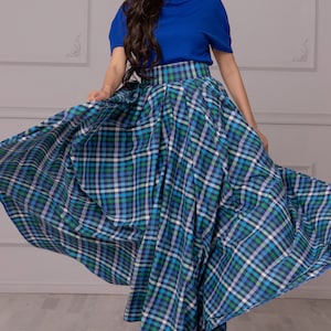 Maxi Aqua Blue Tartan Skirt, Plaid Cotton Skirt, Floor Length Skirt, A-Line Elegant Flowy Dress, Scottish Style Pleated Circle Skirt