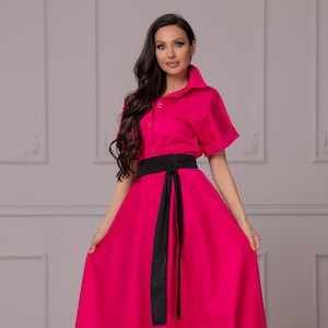 Fuschia Maxi Shirt Dress, Wedding Guest Dress, Hot Pink Modest Dress, A ...