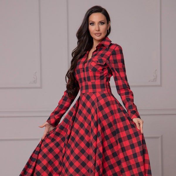 Plaid Long Sleeves Shirt Maxi Dresses