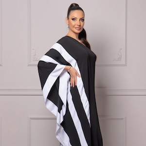 One Shoulder Kaftan Dress, Black & White Striped Dress, Butterfly Sleeves Dress, Formal Cocktail Beach Dress, Grecian Inspired Ladies Dress image 2