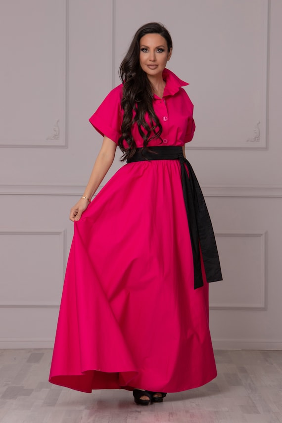 Buy Fuchsia Maxi Shirt Dress, Wedding Guest Dress, Hot Pink Modest Dress,  A-line Cotton Dress, Garden Party Dress, Prom Gown Dress for Ladies Online  in India - Etsy