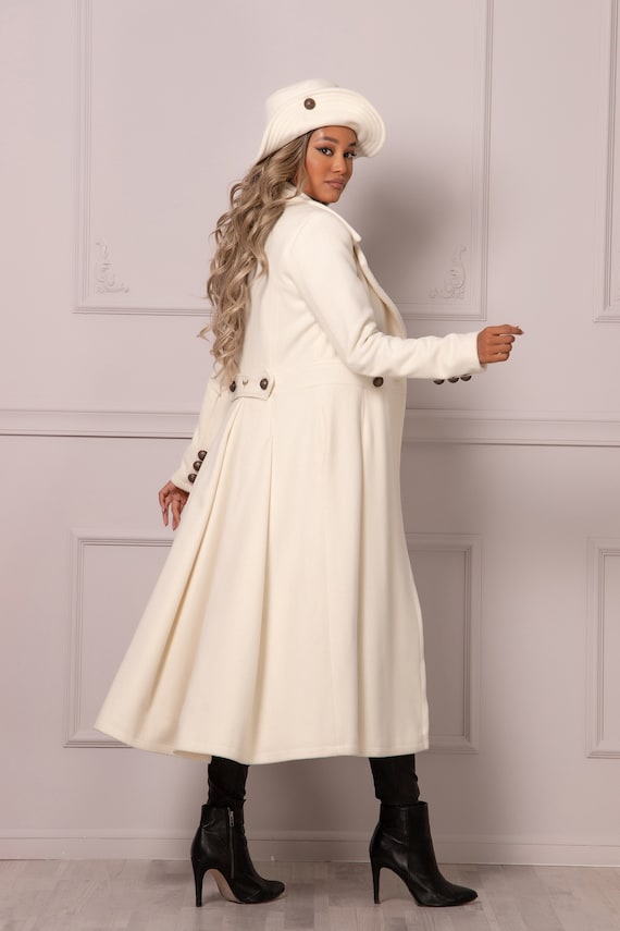 White Fur Trim Wool Coat with Rose Buttons - Sizes S-XL