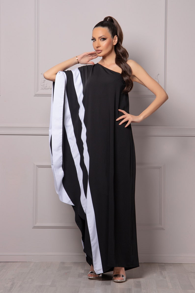 One Shoulder Kaftan Dress, Black & White Striped Dress, Butterfly Sleeves Dress, Formal Cocktail Beach Dress, Grecian Inspired Ladies Dress image 6