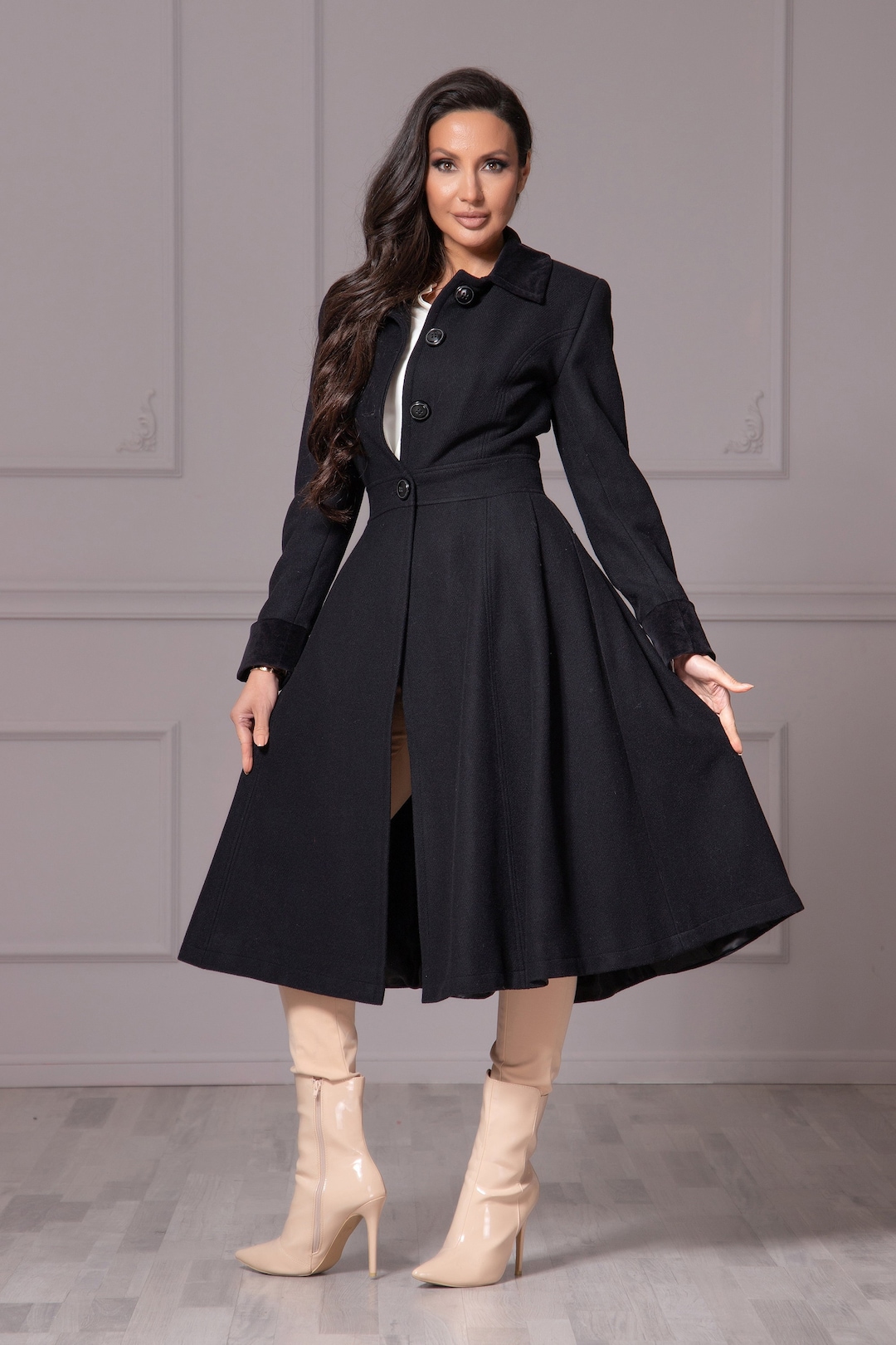 Princess Wool Coat With Velvet Collar & Cuffs, Winter