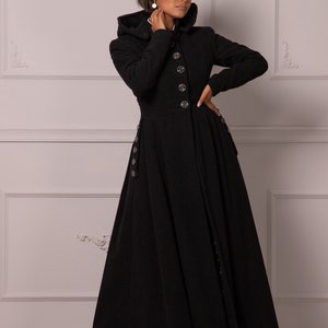 Gothic Winter Coat with Hood, Victorian Princess Coat, Long Fit and Flare Overcoat, Floor Length Wool Cashmere Hooded Coat,Edwardian Walking image 3