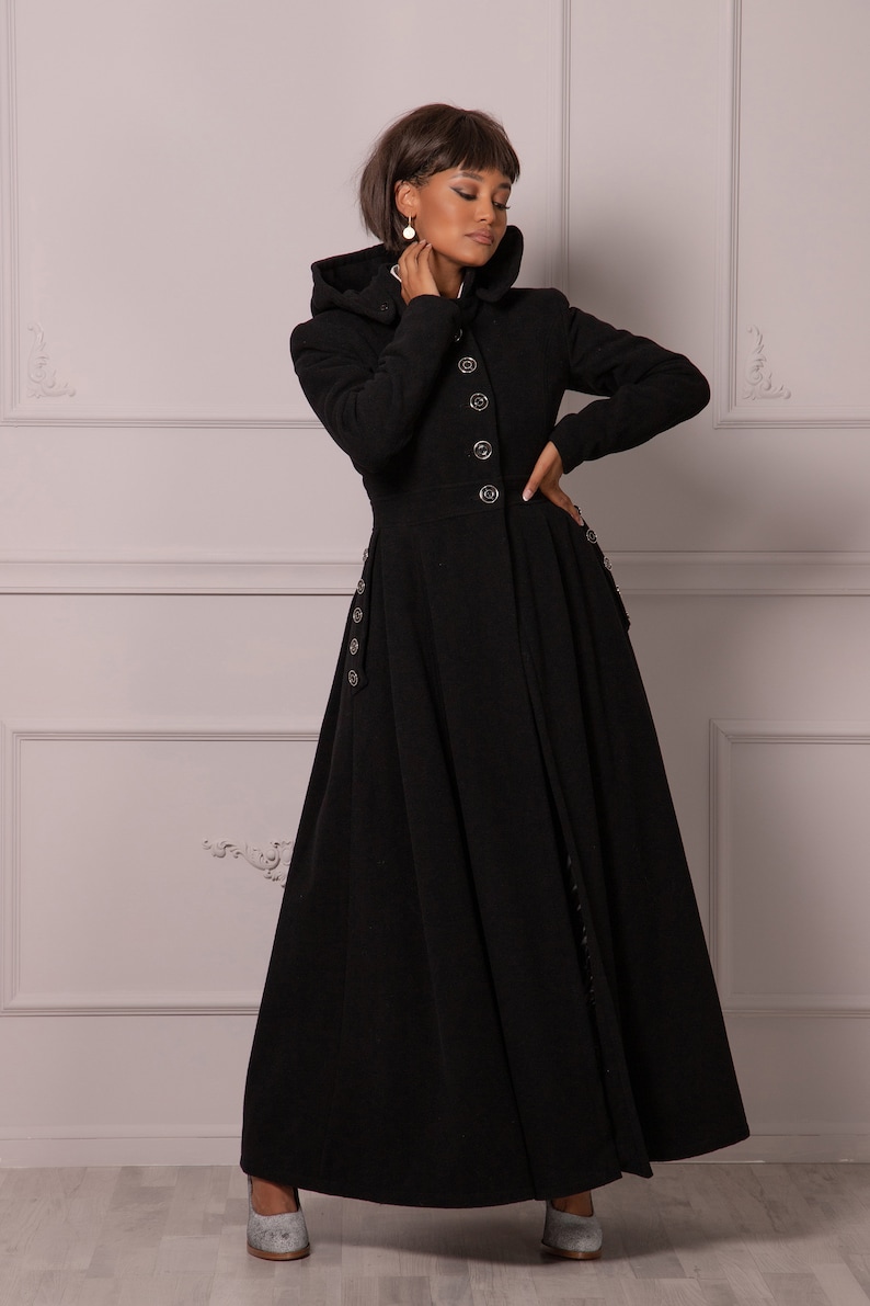 Gothic Winter Coat with Hood, Victorian Princess Coat, Long Fit and Flare Overcoat, Floor Length Wool Cashmere Hooded Coat,Edwardian Walking image 3