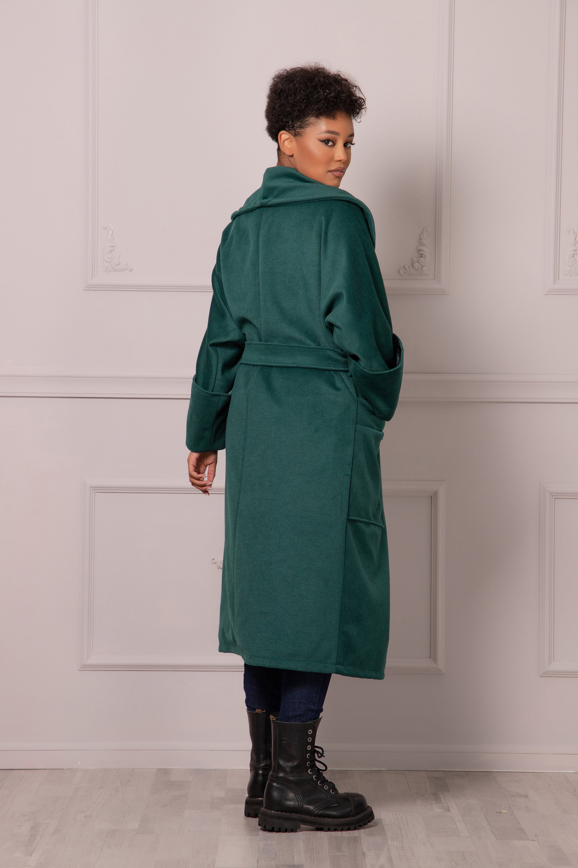 Robe Trench Coat With Belt, Big Lapeled Emerald Green Jacket