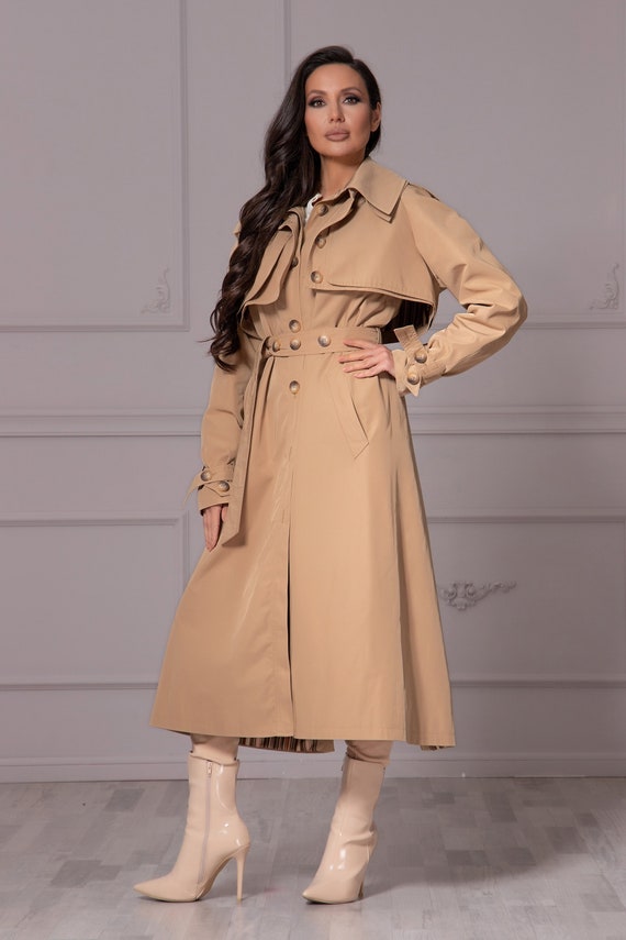 Beige Maxi Trench Coat Dress Outfit Buttoned Trench, Stylish Down