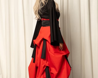 Gathered Red Skirt, High Waist Designer Skirt, Maxi Rag Skirt with Belt, Japanese Style Skirt, Futuristic Clothing, Avant Garde Skirt