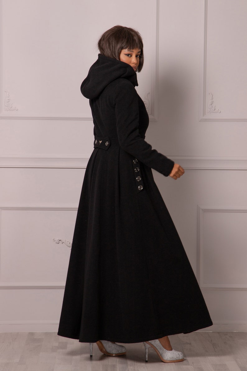 Gothic Winter Coat with Hood, Victorian Princess Coat, Long Fit and Flare Overcoat, Floor Length Wool Cashmere Hooded Coat,Edwardian Walking image 5