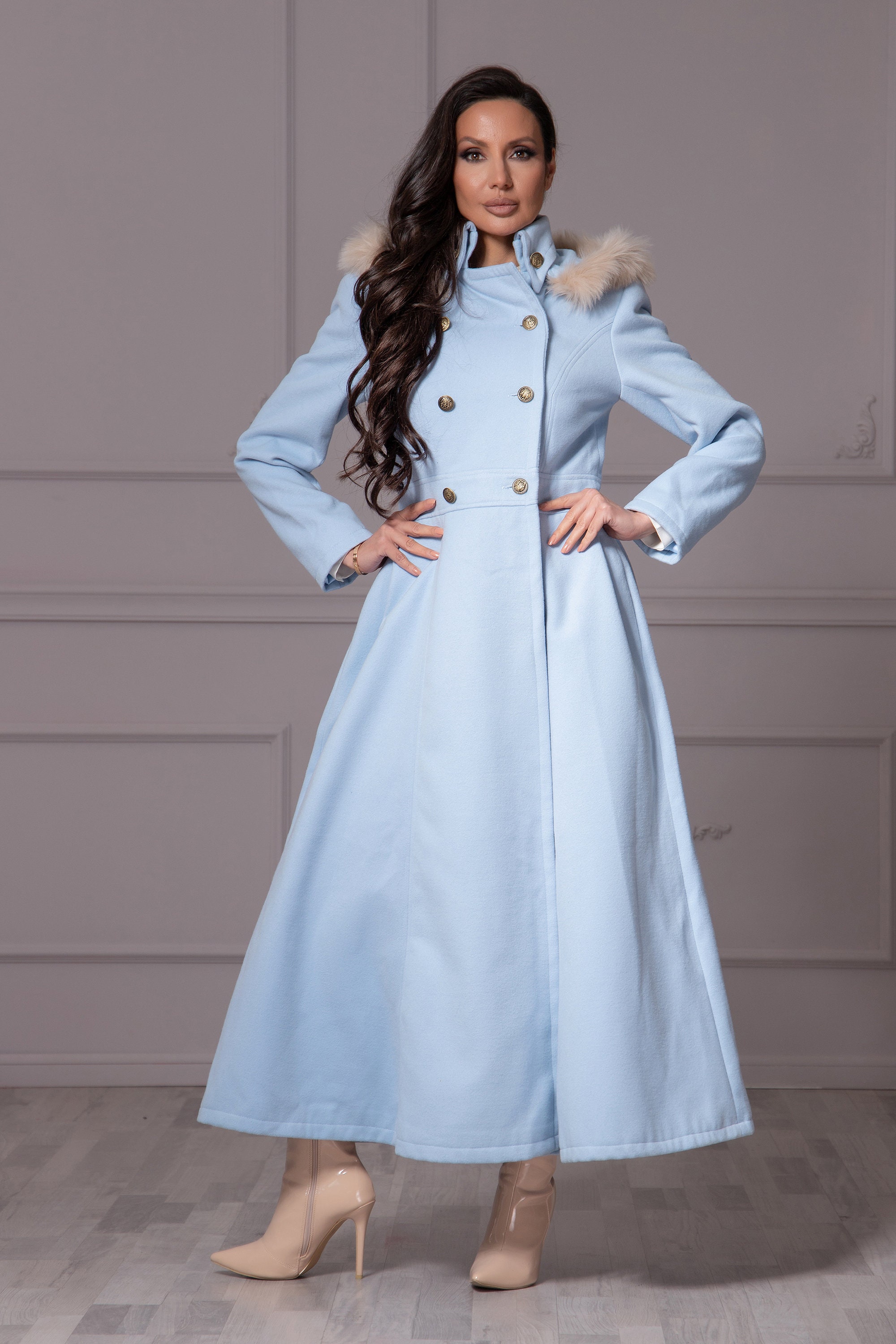 Long Hooded Light Blue Wool Coat, Winter Fit and Flare