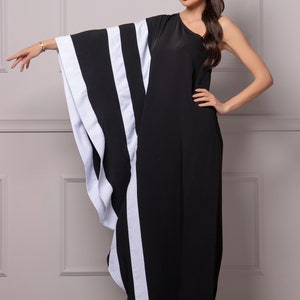 One Shoulder Kaftan Dress, Black & White Striped Dress, Butterfly Sleeves Dress, Formal Cocktail Beach Dress, Grecian Inspired Ladies Dress image 3