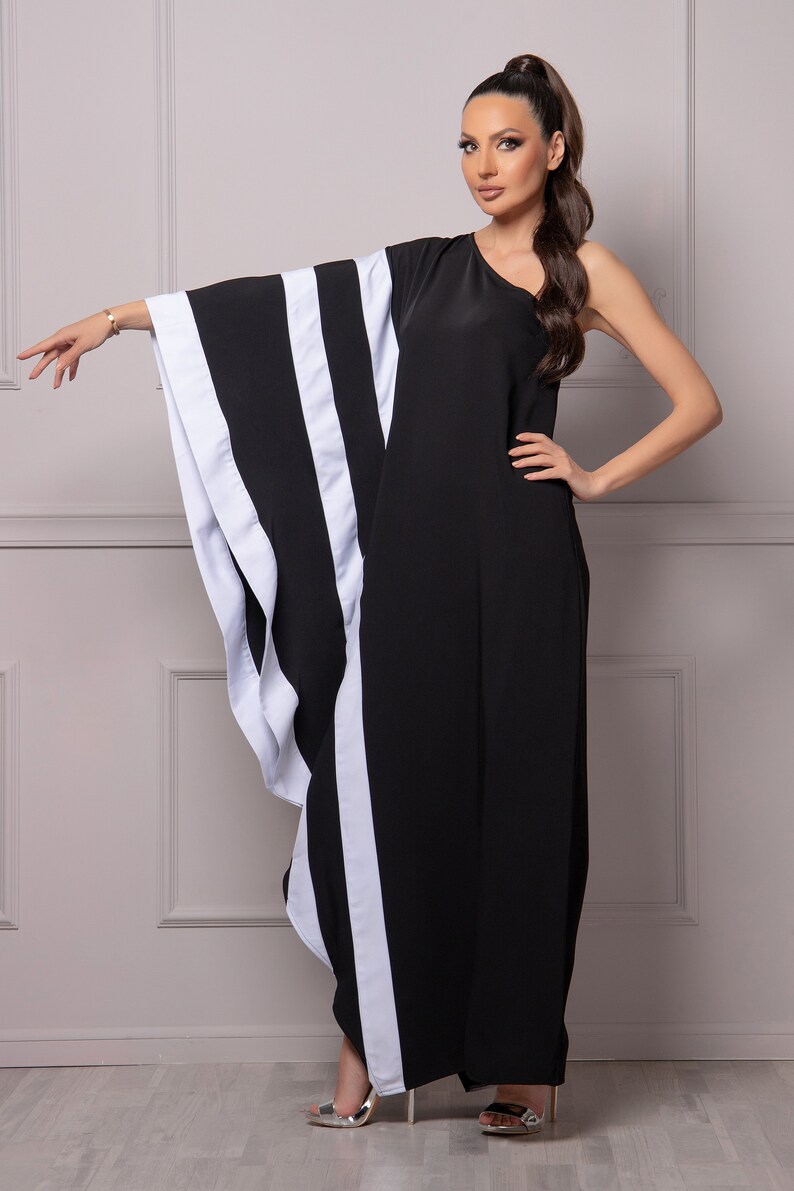 One Shoulder Kaftan Dress, Black & White Striped Dress, Butterfly Sleeves Dress, Formal Cocktail Beach Dress, Grecian Inspired Ladies Dress image 3