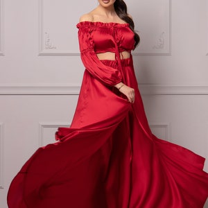 Extravagant 2-Piece Ladies Satin Clothing Set High Waisted Flowy Skirt & Off Shoulder Crop Top with Puffed Sleeves, Summer Cocktail Outfit imagem 4