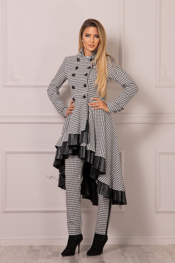 Unique Plus Size Long Houndstooth Coat Designer Inspired Ruffles Coat Winter Avantgarde Fashion Cascade Double Breasted Asymmetric Jacket Etsy