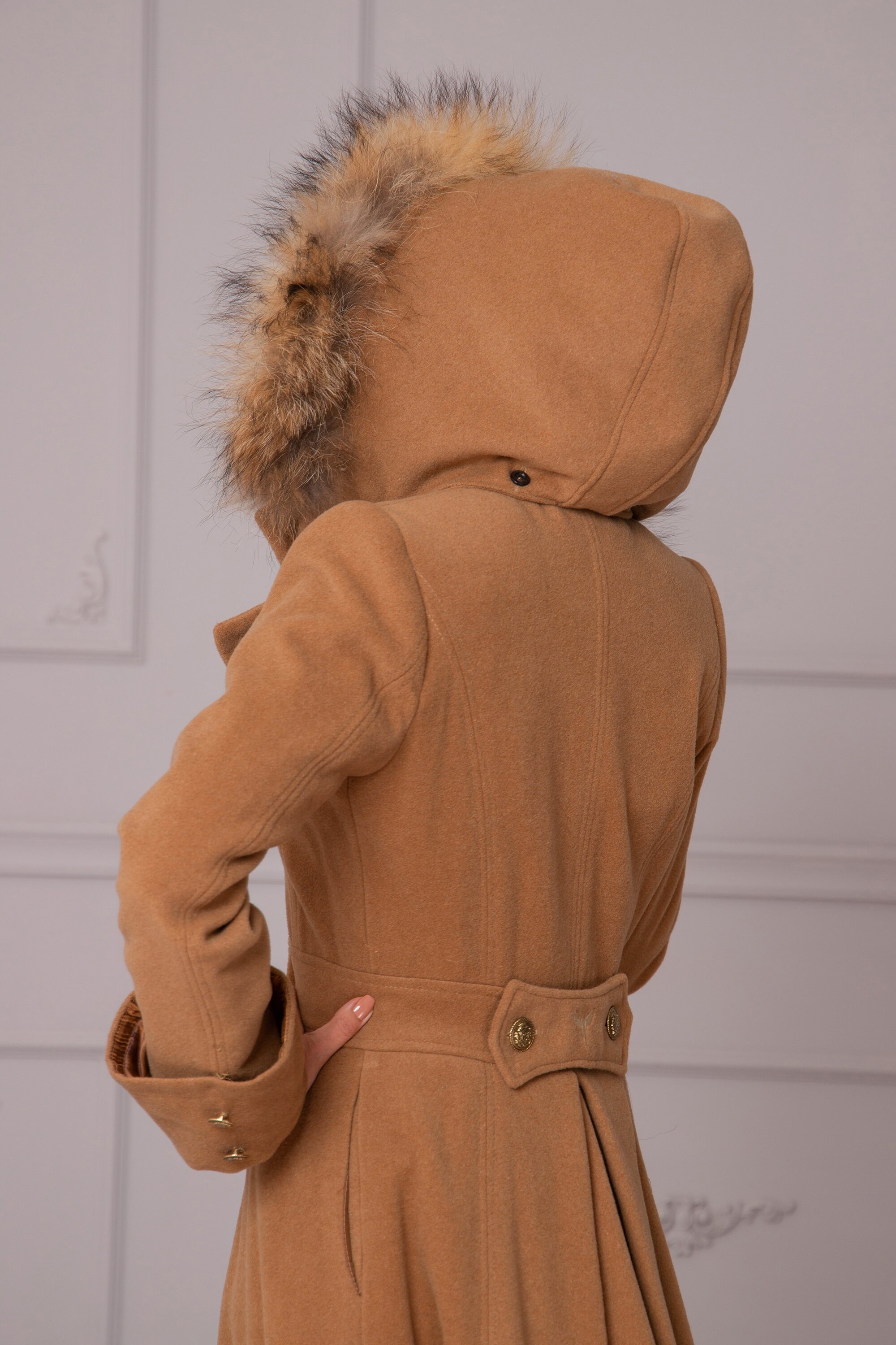 Statement Wool Cashmere Maxi Overcoat With Fox Fur Hood