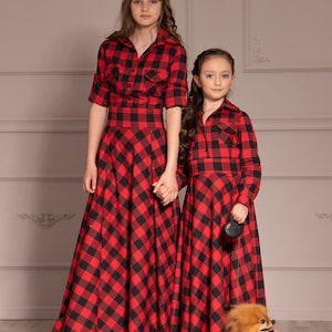Blackstock Red Dress Tartan Women's Lapel Shirt Dress With Long Sleeve
