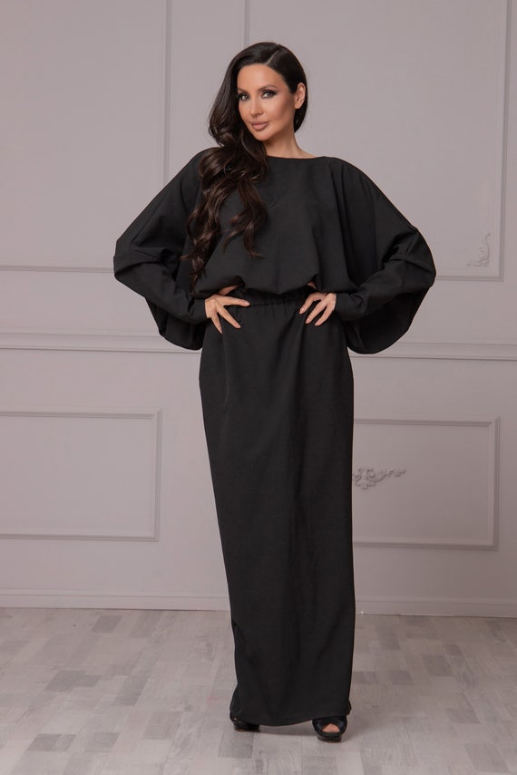 black loose formal dress Black Loose Dress With Ostrich Feathers, Plus Size Dress in Black, Maxi  Dress With Loose Fit, Minimalist Formal Dress, Elegant Black Dress