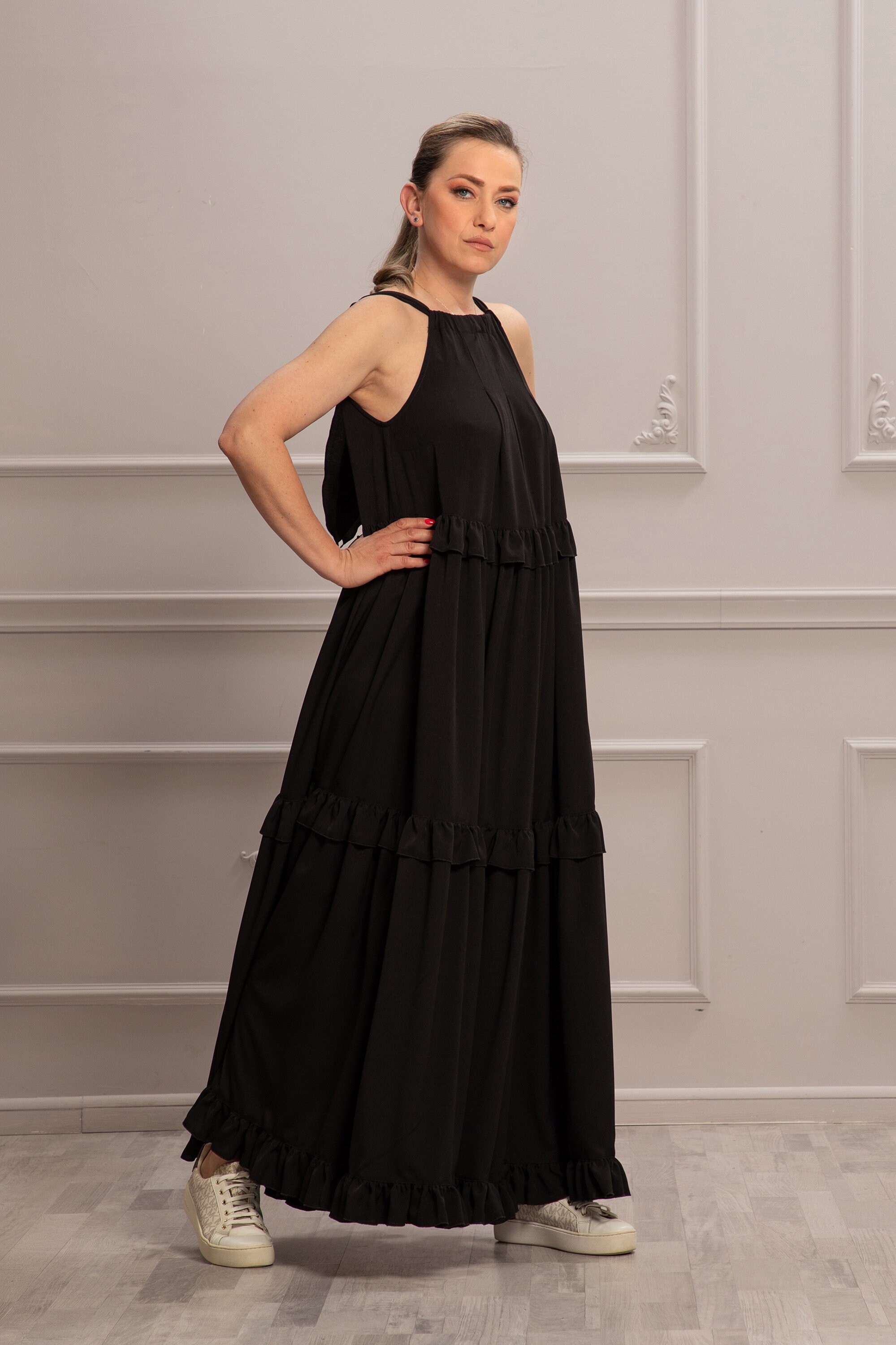 Black Maxi Tiered Dress, Sleeveless Summer Loose Dress, Maternity Long Boho  Dress, Plus Size Clothing, Halter Flowy A Line Dress - Etsy